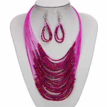 Ensemble : collier en verre 30 brins + boucles d'oreilles, rose 1