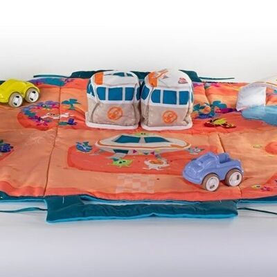 Miniland Preschool: TAPIS de JEU ESPACE, avec éléments 3D et 2 voitures, plié comme  sac avec poignée