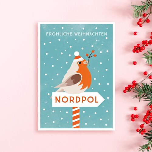 Weihnachtskarte "NORDPOL", Postkarte, Rotkehlchen, nachhaltiges Papier, regional und fair produziert