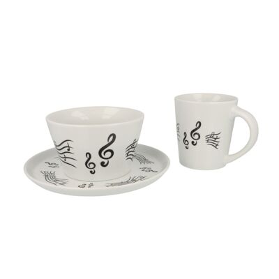 Music collection with plate, cereal bowl and mug with treble clef and musical notes design