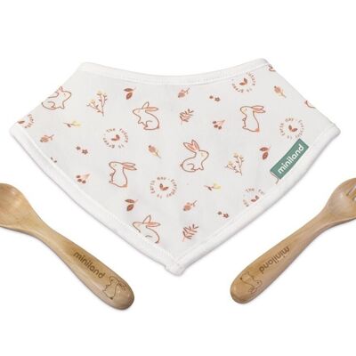 Miniland Baby: BIB + RABBIT CUTLERY on-the-go, wood and cotton, suitable for the dishwasher
