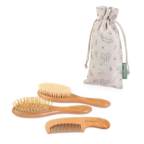 Miniland Baby: SET de BROSSE à CHEVEUX ÉCUREUIL, 2 pinceaux et 1 peigne dans un sac  en coton, collection écologique