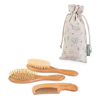 Miniland Baby: SQUIRREL HAIRBRUSH SET, 2 brushes and 1 comb in a cotton bag, ecological collection