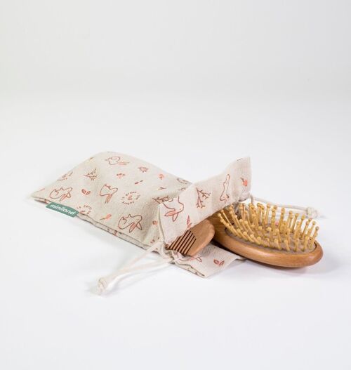 Miniland Baby: SET de BROSSE à CHEVEUX LAPIN, 2 pinceaux et 1 peigne dans un sac en  coton, collection écologique