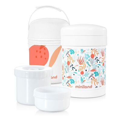 Miniland Baby: THERMOS ALIMENTS 700ml, con 2 vasetti (350-200ml) e borsa termica, collezione Mediterranea, senza BPA