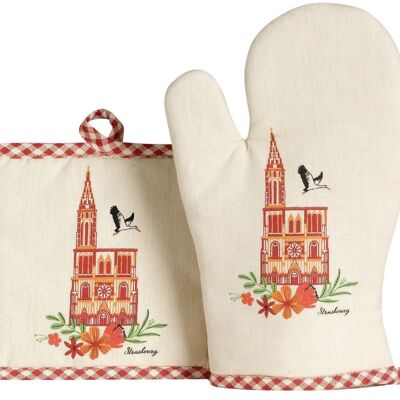 Set guanti da cucina/presine Cathedral Rosso/ecru 18 x 28