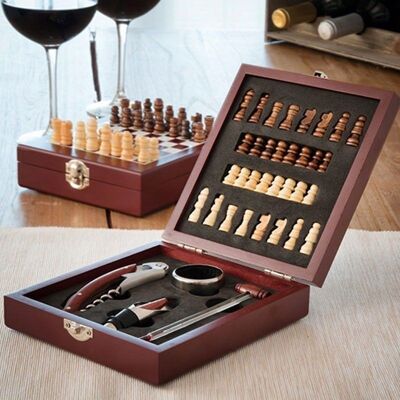 Chess Wine Set - Caja de accesorios para vino con tablero de ajedrez