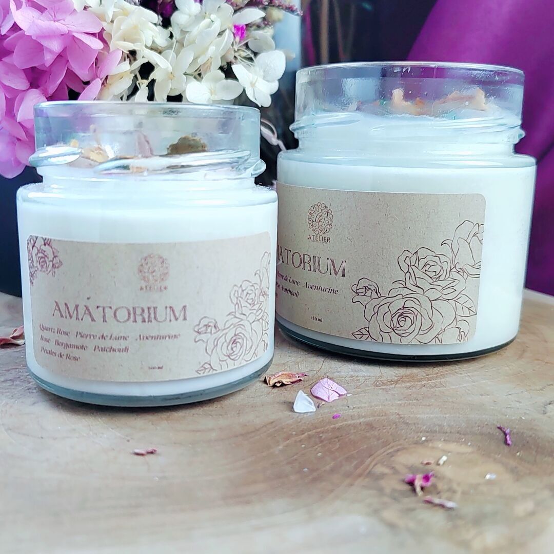 Candela AMATORIUM - Quarzo rosa, Pietra di luna, Avventurina verde