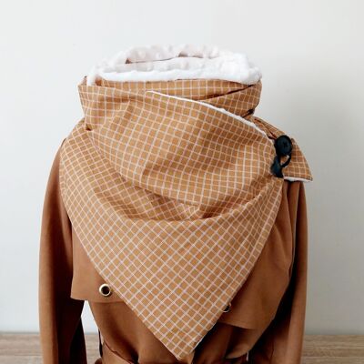 Echarpe, col, étole, cache cou, snood, petits carrés marron chèche femme
