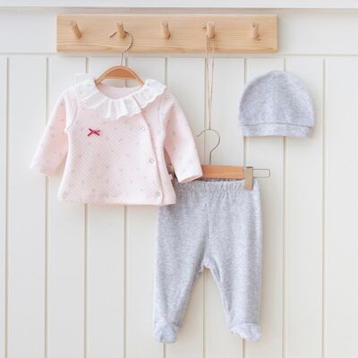 Confezione da tre eleganti set con piedini per neonata in cotone da 0 a 12 mesi in rosa e salmone