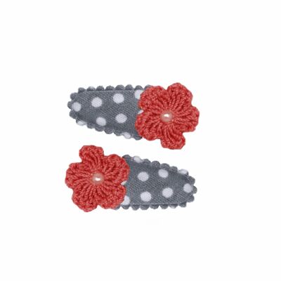 Baby hair clip dot gray with crocheted flower.