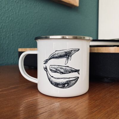 Enamel mug cup with three whales
