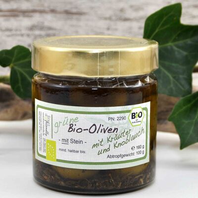 Olives vertes biologiques Amfissa - avec noyau - de Grèce à l'huile d'olive aux herbes et à l'ail