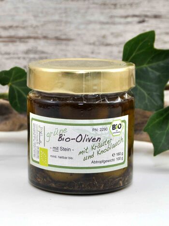 Olives vertes biologiques Amfissa - avec noyau - de Grèce à l'huile d'olive aux herbes et à l'ail 1