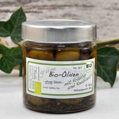 Olives vertes biologiques - Amfissa - sans noyau de Grèce à l'huile d'olive aux herbes et à l'ail