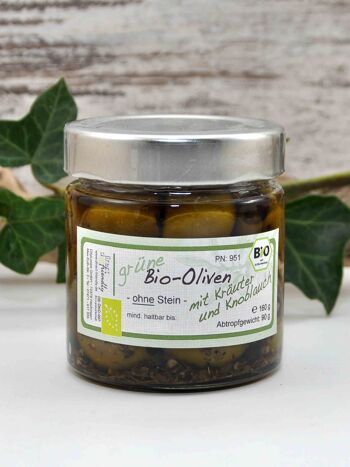 Olives vertes biologiques - Amfissa - sans noyau de Grèce à l'huile d'olive aux herbes et à l'ail 1
