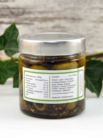 Olives vertes biologiques - Amfissa - sans noyau de Grèce à l'huile d'olive aux herbes et à l'ail 2