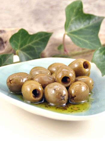 Olives vertes biologiques - Amfissa - sans noyau de Grèce à l'huile d'olive aux herbes et à l'ail 3