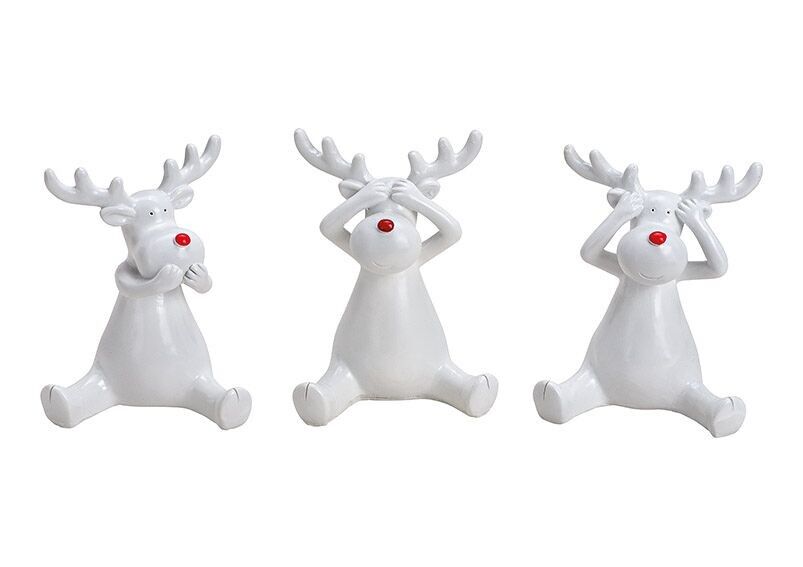 Non sentire/vedere/dire alce in poliestere bianco 3 volte, (L/A/P) 10x11x8 cm