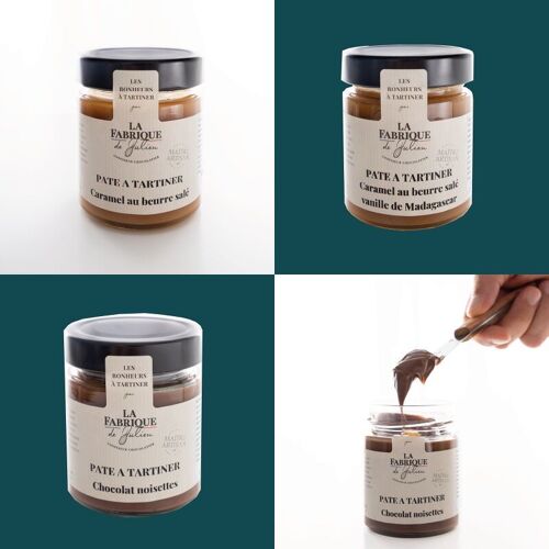 Offre 18 pâtes à tartiner, 3 saveurs :  caramel au beurre salé, chocolat-noisettes et caramel au beurre salé à la vanille de Madagascar - La Fabrique de Julien