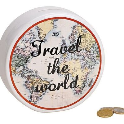 Tirelire voyage autour du monde en céramique blanche (L/H/P) 14x13x5cm