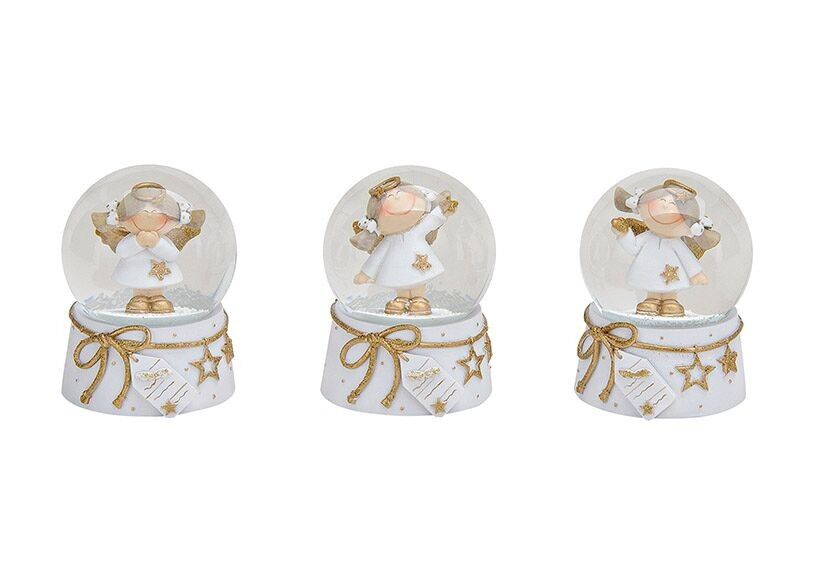Angelo palla di neve in vetro/poliestere, 3 assortiti, 6x9x6 cm