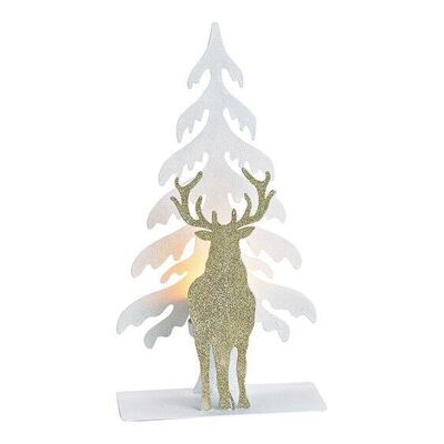 Teelichthalter Baum und Hirsch aus Metall Weiß (B/H/T) 16x30x8cm