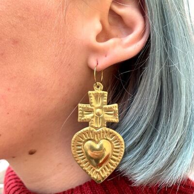 Brass heart and cross earrings