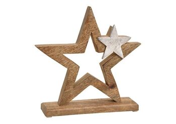 Support étoile en bois de manguier, avec décor étoile en métal marron (L/H/P) 24x24x6cm