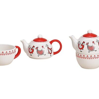 Ceramic teapot set, chicken decor, white, set of 2