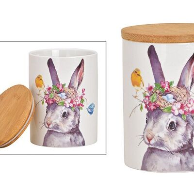 Tarro de almacenamiento con decoración de conejo con tapa de bambú de porcelana de colores (An / Al / Pr) 10x13x10cm 600ML
