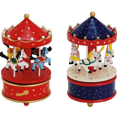 Music box carousel made of wood, assorted (W / H / D) 11x19x11 cm