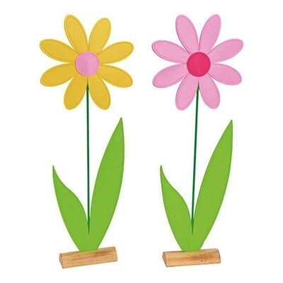 Fleur sur socle en bois en feutrine jaune / rose double