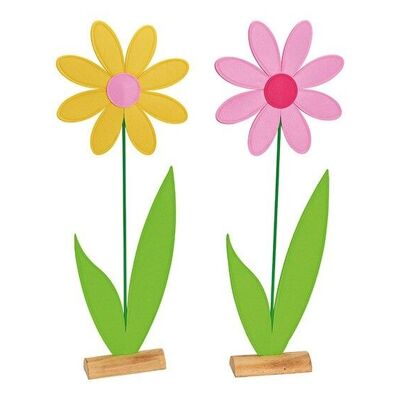 Flower on wooden stand made of felt yellow / pink double