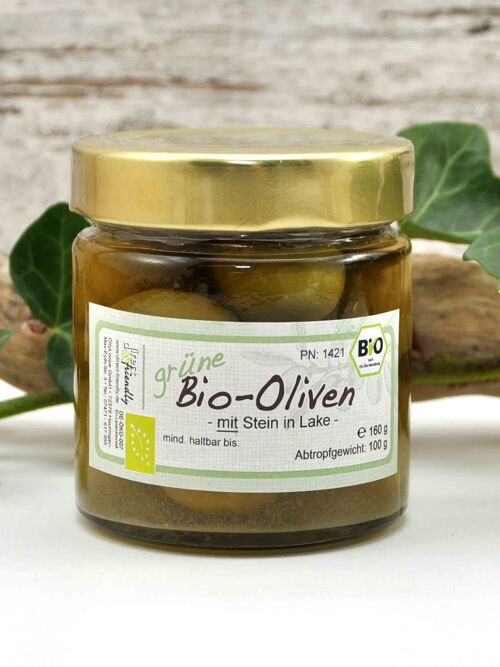 Grüne Bio Oliven - Amfissa - mit Stein aus Griechenland in Salzlake