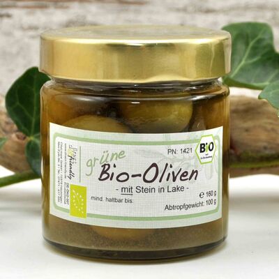 Grüne Bio Oliven - Amfissa - mit Stein aus Griechenland in Salzlake