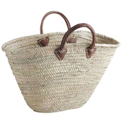Woven basket beach tote bag in natural palm leaves with leather handles