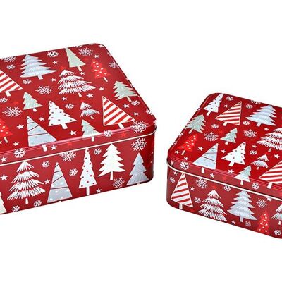 Coffret sapin de Noël en métal rouge, lot de 2, (L/H/P) 19x8x19cm, 15x7x15cm