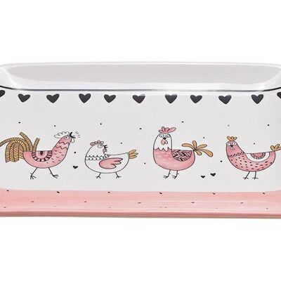 Plato gallo gallina decoracion de ceramica rosa / rosa