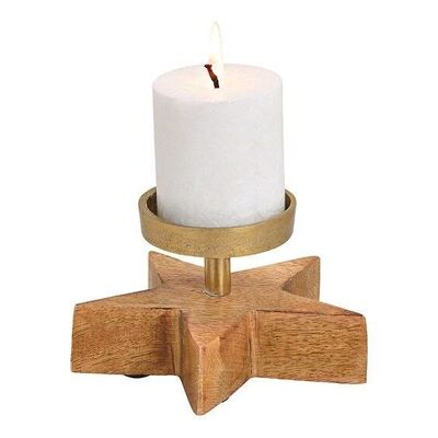 Metal candle holder on mango wood star base gold (W / H / D) 15x9x15cm
