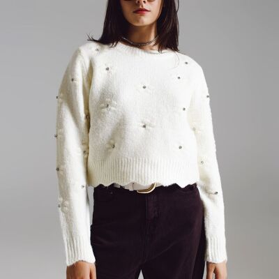 Sweater with Knitted Flowers and strass embellished in cream