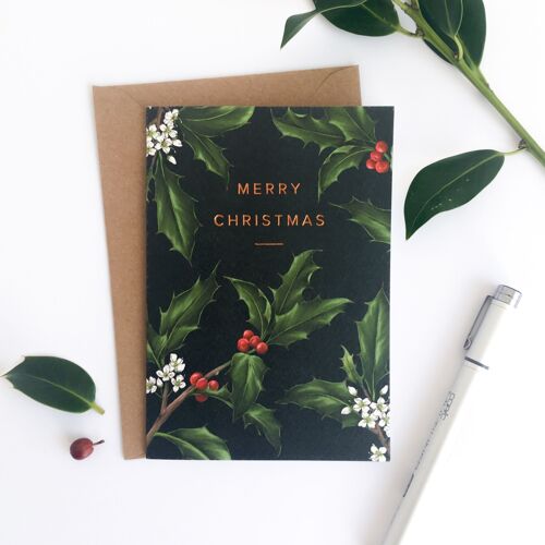 Holly Border - Black - Christmas Card
