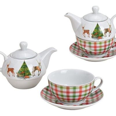 Teekannen-Set Hirsch Weihnachtsmotiv aus Porzellan Weiß