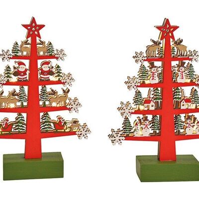Tree with LED lighting Christmas motif made of wood red 2-fold