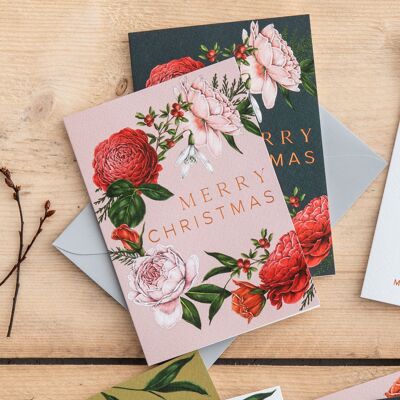 Wreath - Pink - Berry Roses - Christmas Card
