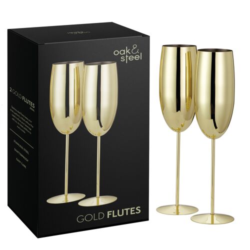 2 Stainless Steel Gold Champagne Flutes (280ml)