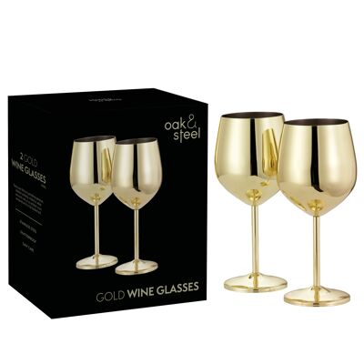 2 Stainless Steel Gold Wine Glasses, 500ml