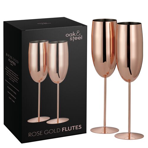 2 Stainless Steel Rose Gold Champagne Flutes (280ml)