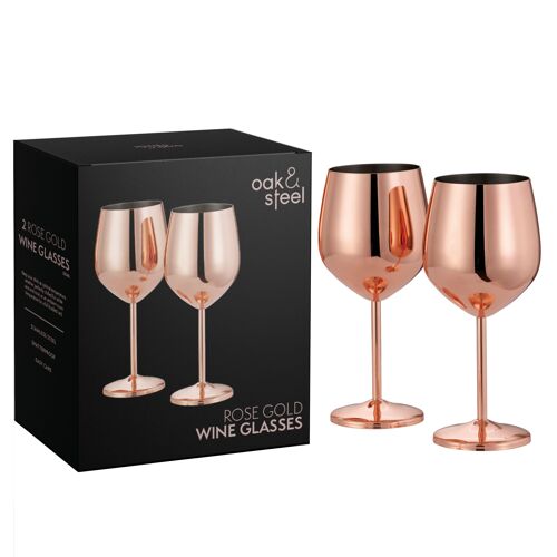 2 Stainless Steel Rose Gold Wine Glasses, 500ml