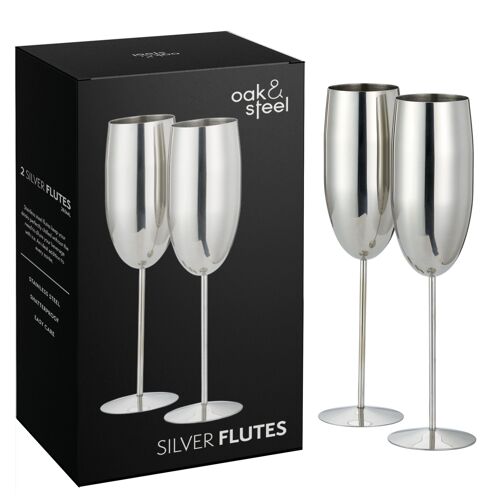 2 Stainless Steel Silver Champagne Flutes (280ml)